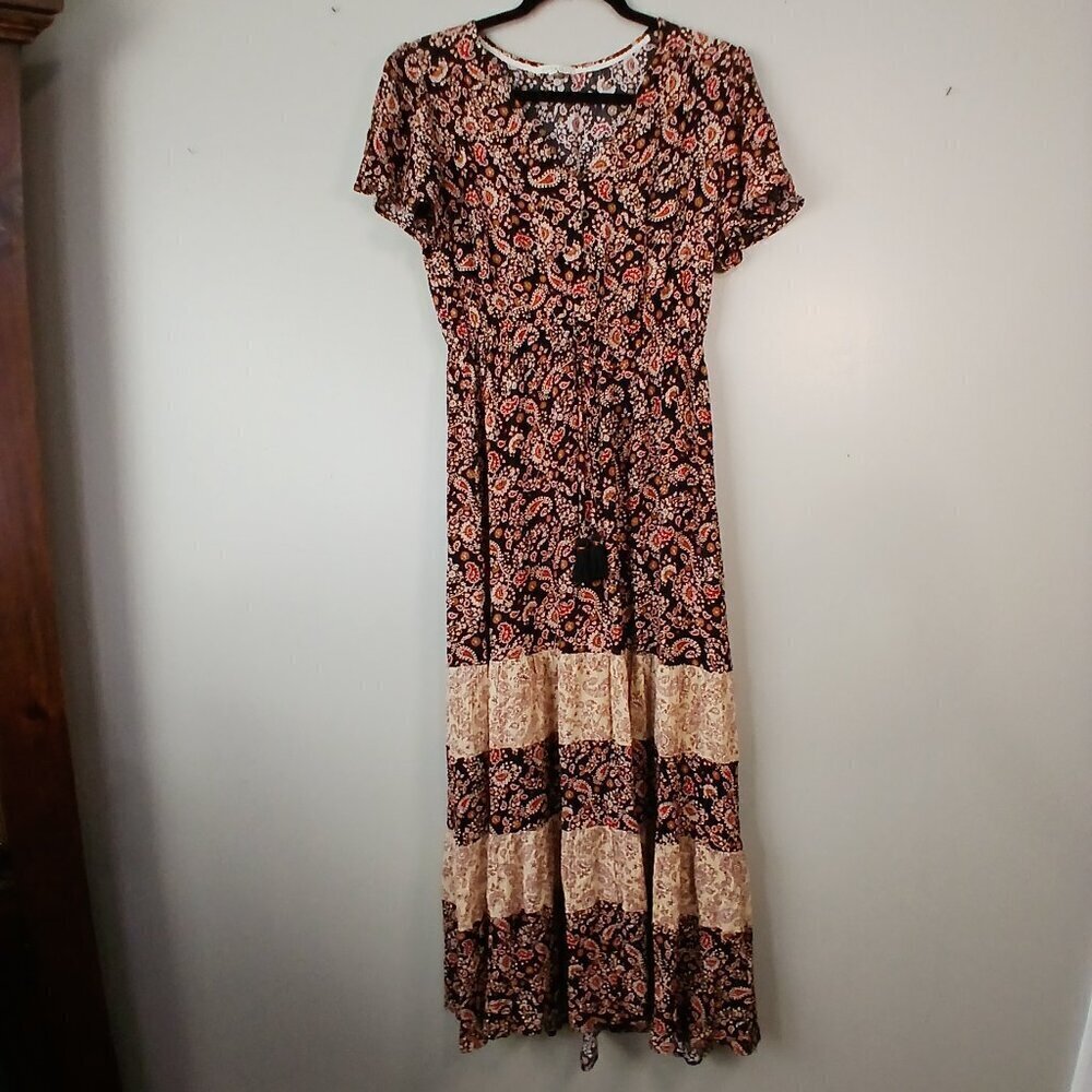 WOMENS KATE & SAM MAXI LENGTH PAISLEY DRESS, BOHO, SHORT SLEEVE, SIZE SMALL